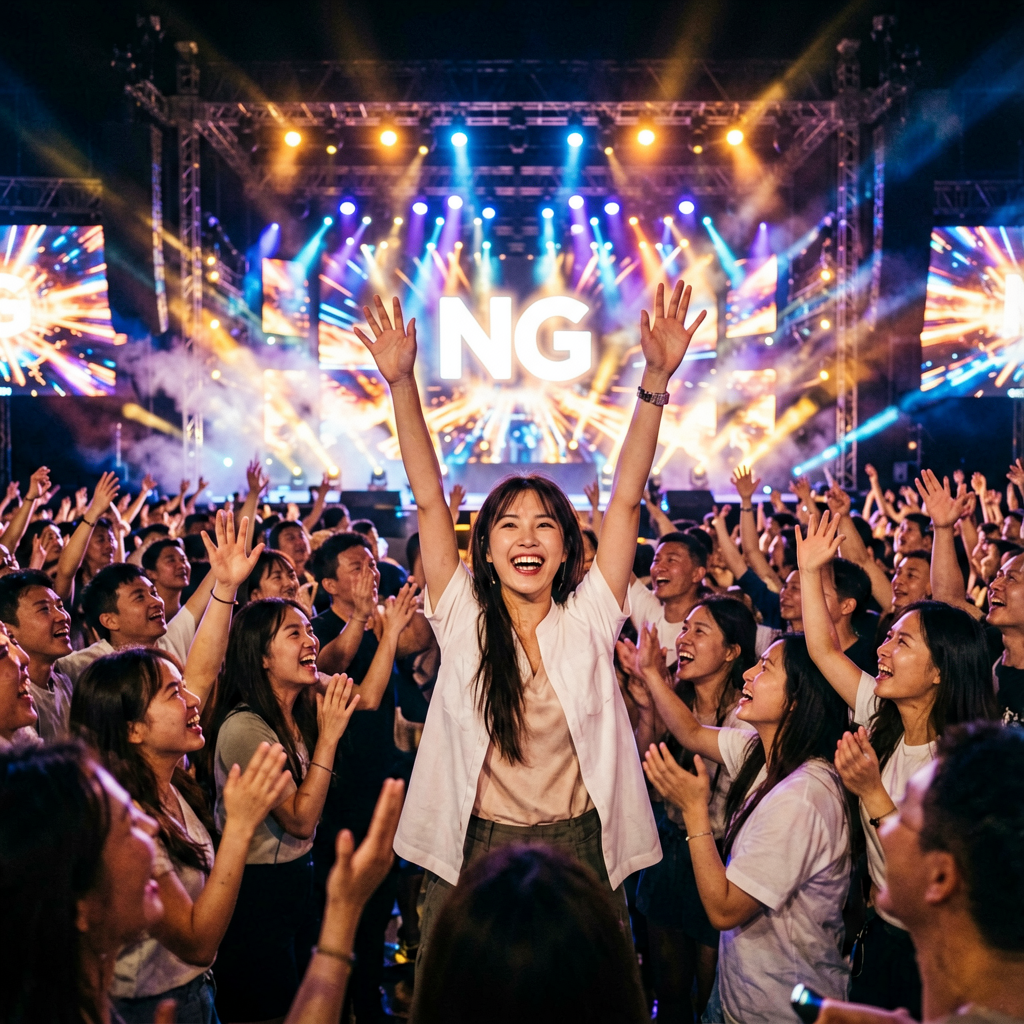 NG大舞台现场观众热情欢呼，舞台灯光绚烂夺目