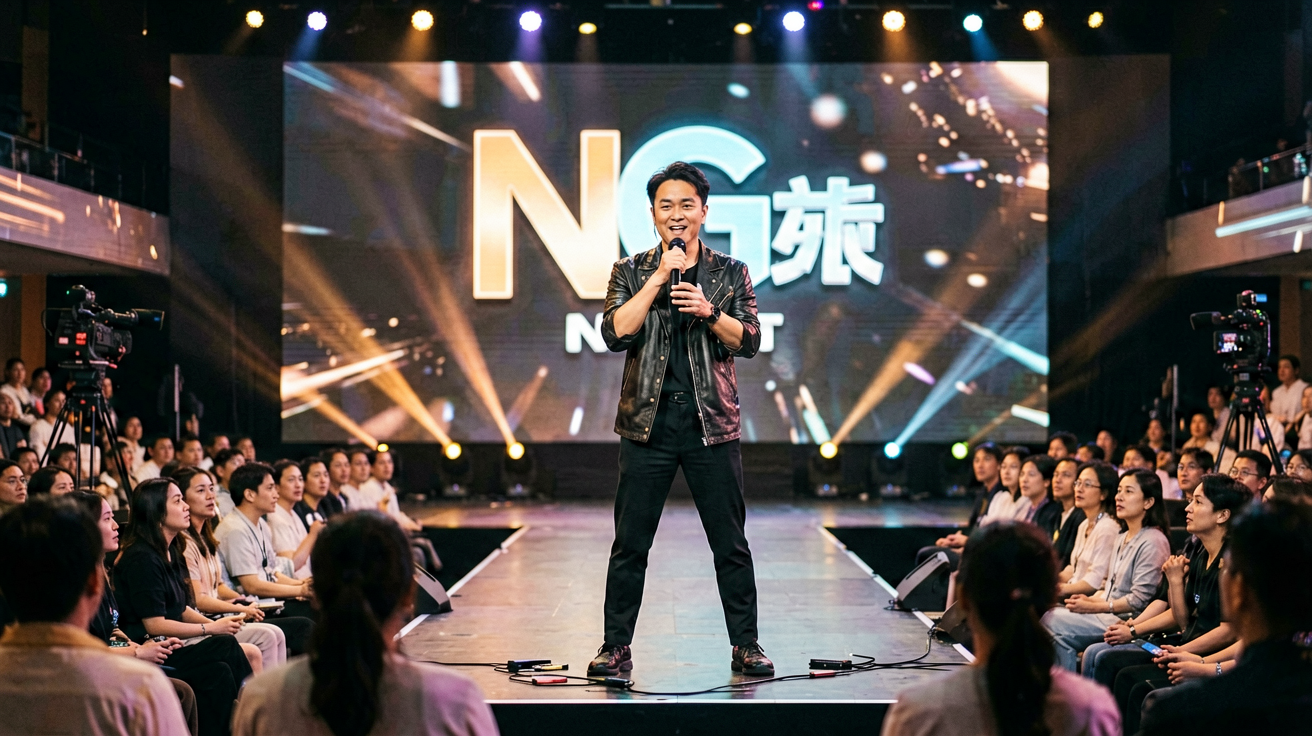 表演者在NG大舞台中央自信演绎，台下观众专注观看